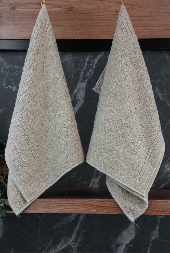 Ayak İzi Desenli 2li Ayak Havlusu - 50x70 cm - Su Emici Banyo Paspası Seti - Krem - 5