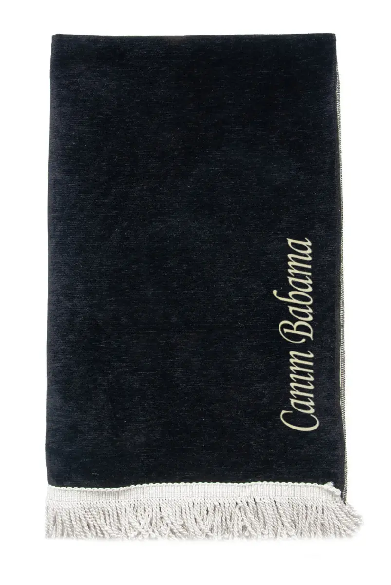  Babalar Günü Hediyesi Nakış İşlemeli Kabe Desenli İsimli Şönil Seccade - Siyah - 4