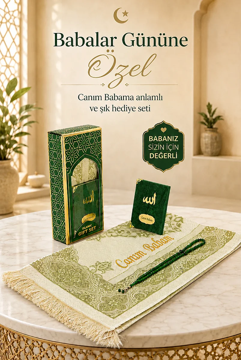 Babalar Günü Tesbihli Yasin Kitabı Kişiye Özel İsimli Seccade Seti Yeşil - 1