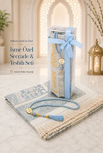 Babalar Gününe Özel Canım Babam Nakışlı Tesbihli Hediyelik Seccade Seti Mavi - 1