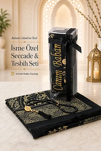 Babalar Gününe Özel Canım Babam Nakışlı Tesbihli Hediyelik Seccade Seti Siyah 