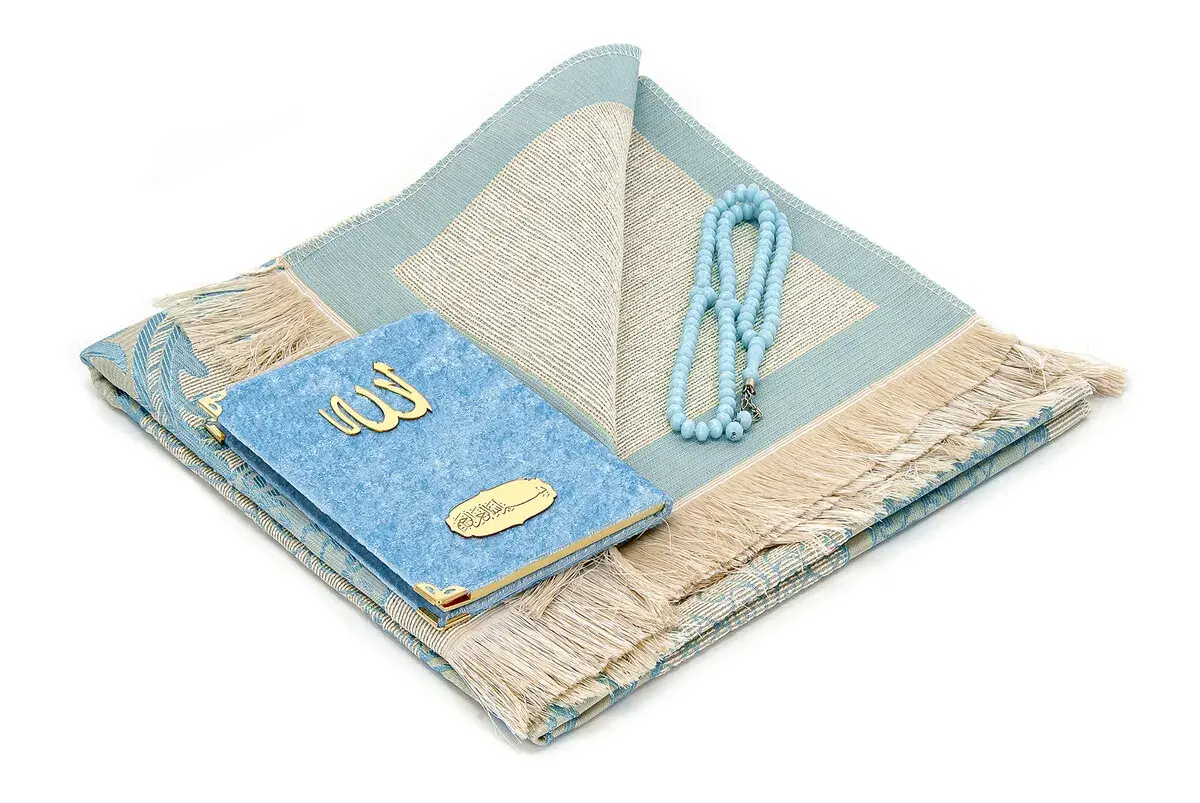 Bag Size Velvet Yasin Book - Prayer Rug - Rosary and Mevlid Gift with Transparent Box - Blue - 2
