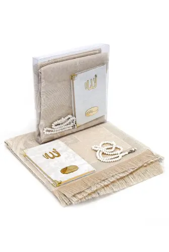Bag Size Velvet Yasin Book - Prayer Rug - Rosary and Mevlid Gift with Transparent Box - Cream - 1
