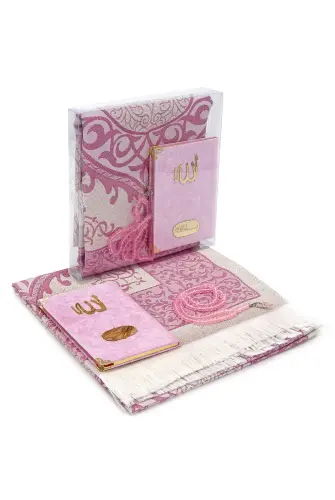 Bag Size Velvet Yasin Book - Prayer Rug - Rosary and Mevlid Gift with Transparent Box - Pink - 1