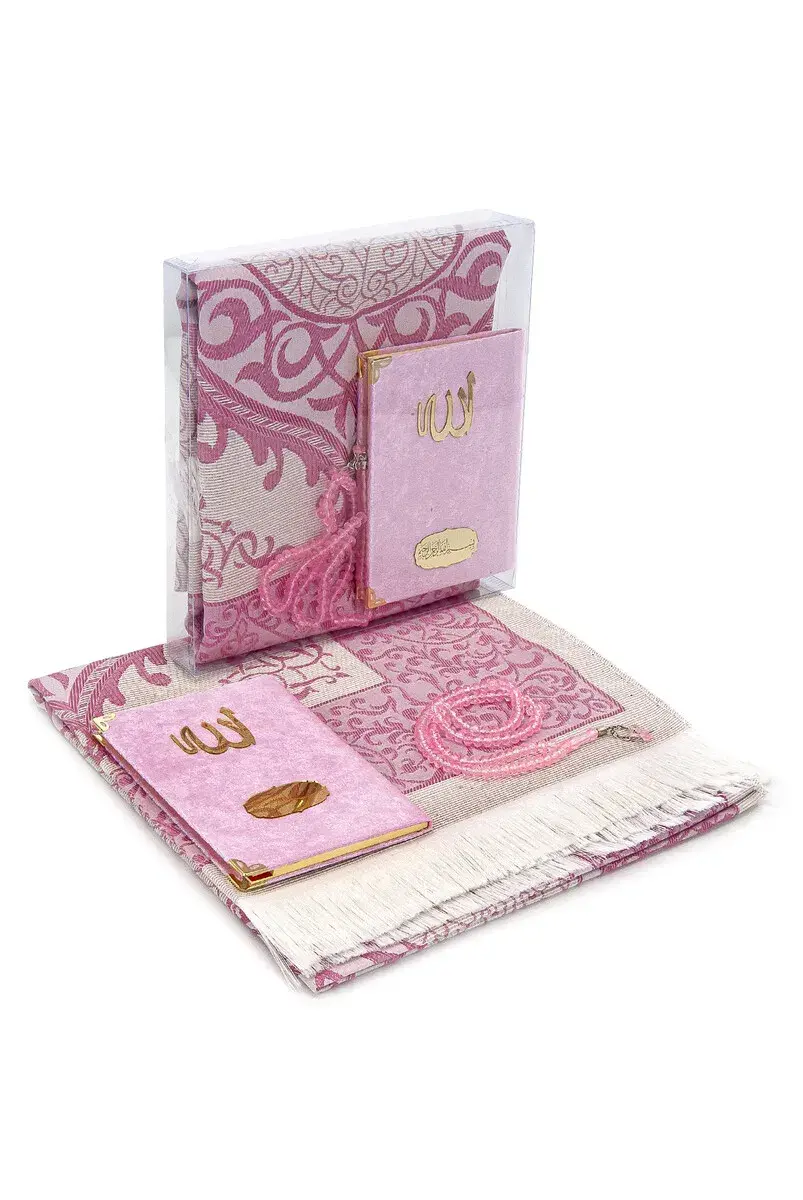 Bag Size Velvet Yasin Book - Prayer Rug - Rosary and Mevlid Gift with Transparent Box - Pink - 1