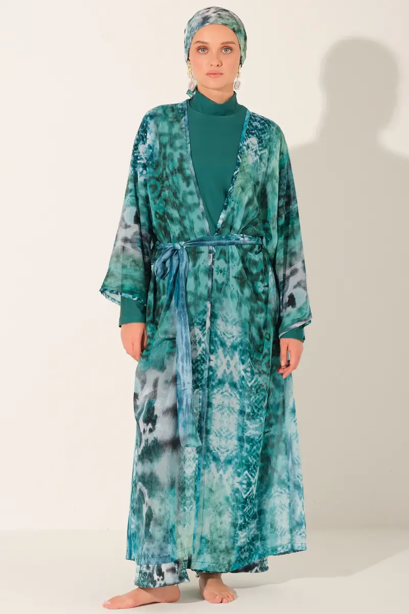 Batik Desenli Kuşaklı Uzun Pareo 7149-26 Zümrüt Yeşili - 4