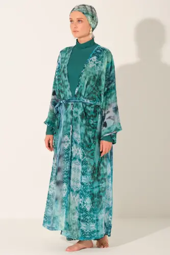 Batik Desenli Kuşaklı Uzun Pareo 7149-26 Zümrüt Yeşili - 5