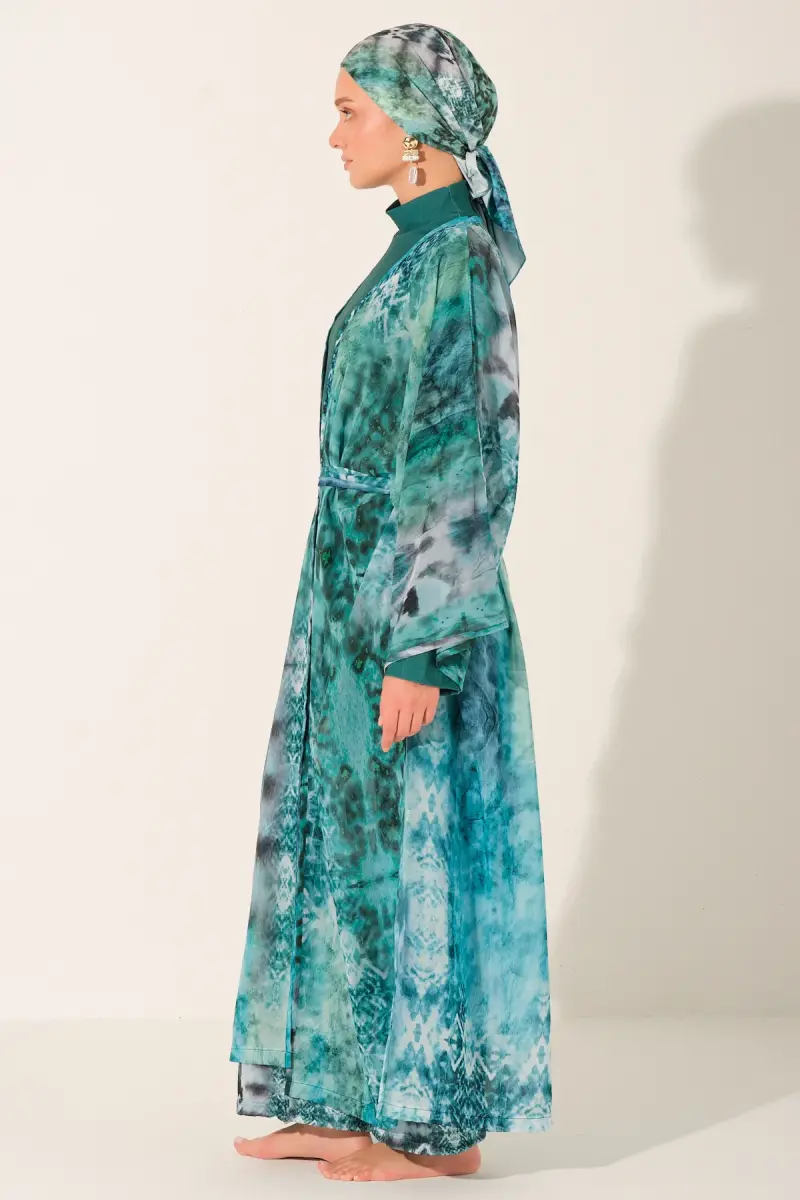Batik Desenli Kuşaklı Uzun Pareo 7149-26 Zümrüt Yeşili - 6