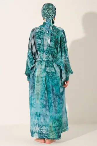 Batik Desenli Kuşaklı Uzun Pareo 7149-26 Zümrüt Yeşili - 7