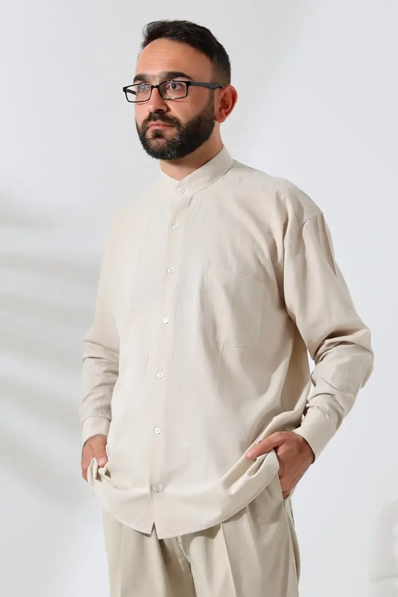 Bej Erkek Bol Kesim Tek Cepli Hakim Yaka Hac ve Umre Keten Gömlek - 1