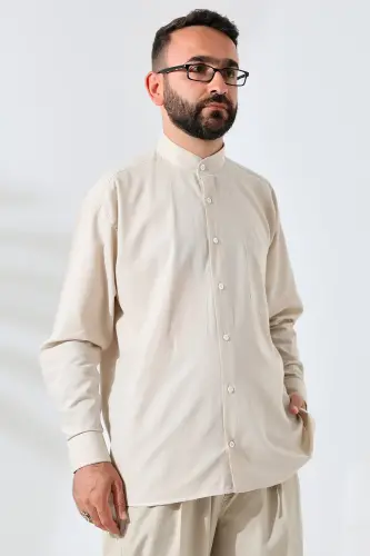 Bej Erkek Bol Kesim Tek Cepli Hakim Yaka Hac ve Umre Keten Gömlek - 3