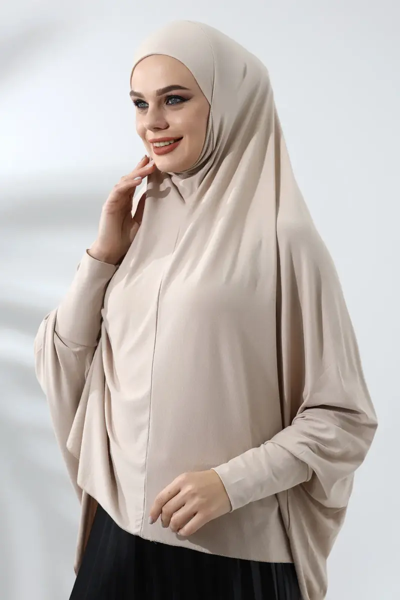 Bej Hazır Pratik Sultanbaş Tesettür Kollu Penye Sufle Eşarp Hijab - 5