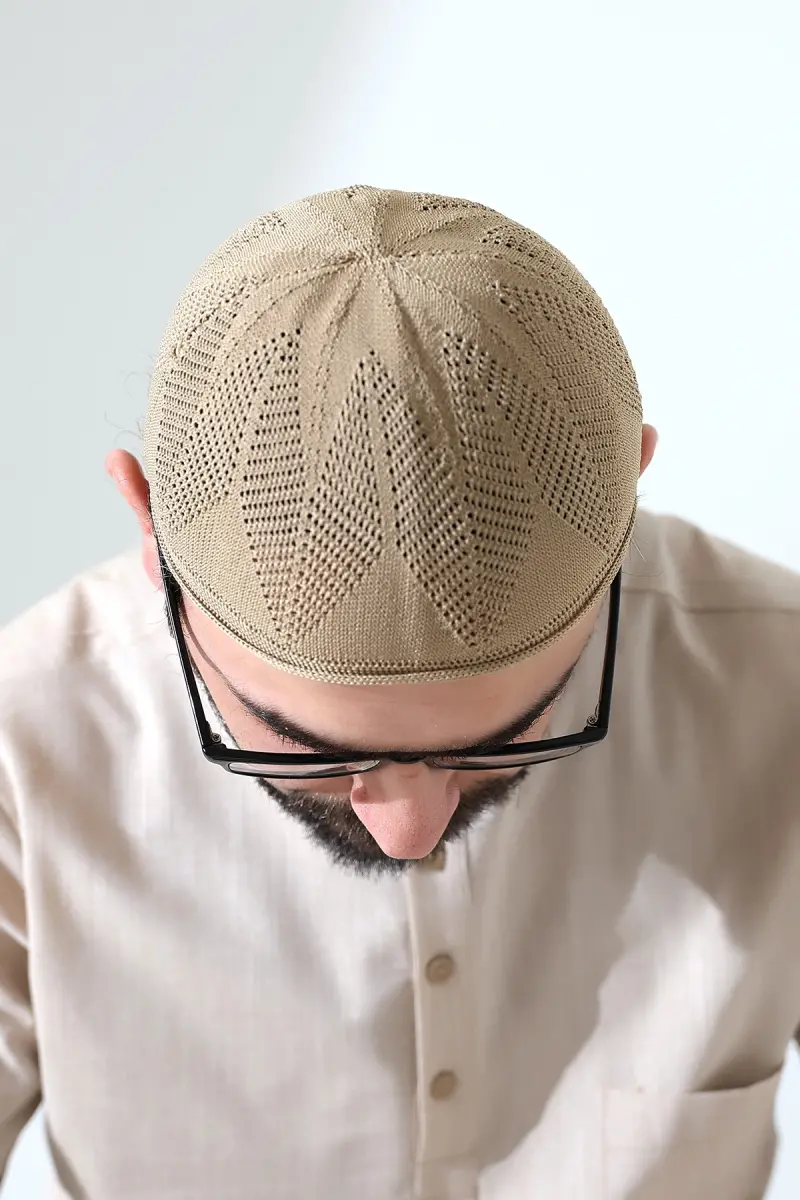Berra Çelik Örme Dantel Namaz Takkesi Bej - 6