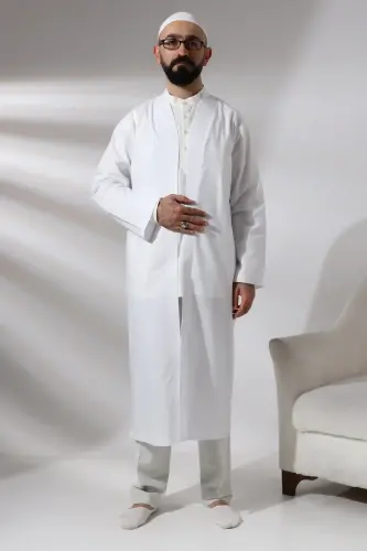 Beyaz Erkek Namaz Elbisesi V Yaka Düğmesiz Önü Açık Namaz Cübbesi 