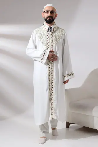 Beyaz Hakim Yaka Nakış İşlemeli Erkek Namaz Elbisesi İmam Cübbesi - 6