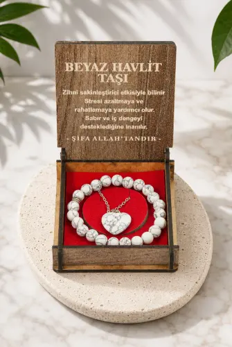 Beyaz Havlit Taşı Bileklik ve Kolye Seti - Ahşap Kutulu Hediyelik 