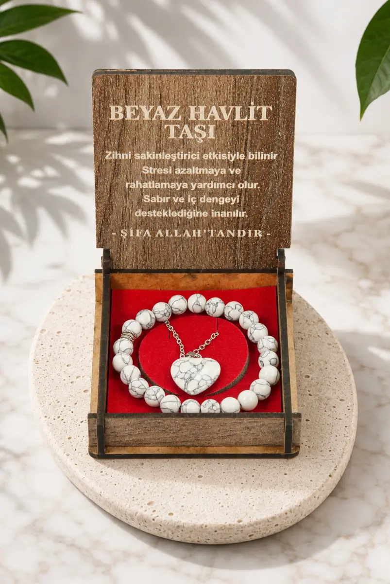 Beyaz Havlit Taşı Bileklik ve Kolye Seti - Ahşap Kutulu Hediyelik - 1