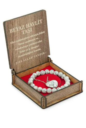 Beyaz Havlit Taşı Bileklik ve Kolye Seti - Ahşap Kutulu Hediyelik - 4