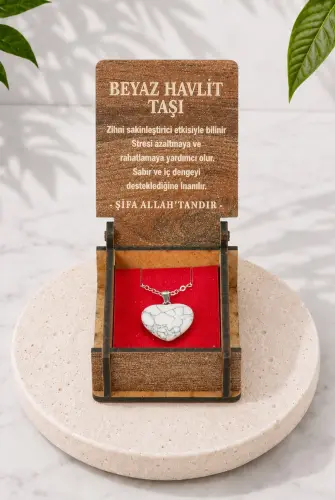 Beyaz Havlit Taşı Kalp Kolye - Ahşap Kutulu Hediyelik 