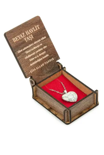 Beyaz Havlit Taşı Kalp Kolye - Ahşap Kutulu Hediyelik - 4