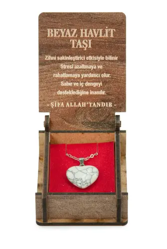 Beyaz Havlit Taşı Kalp Kolye - Ahşap Kutulu Hediyelik - 5
