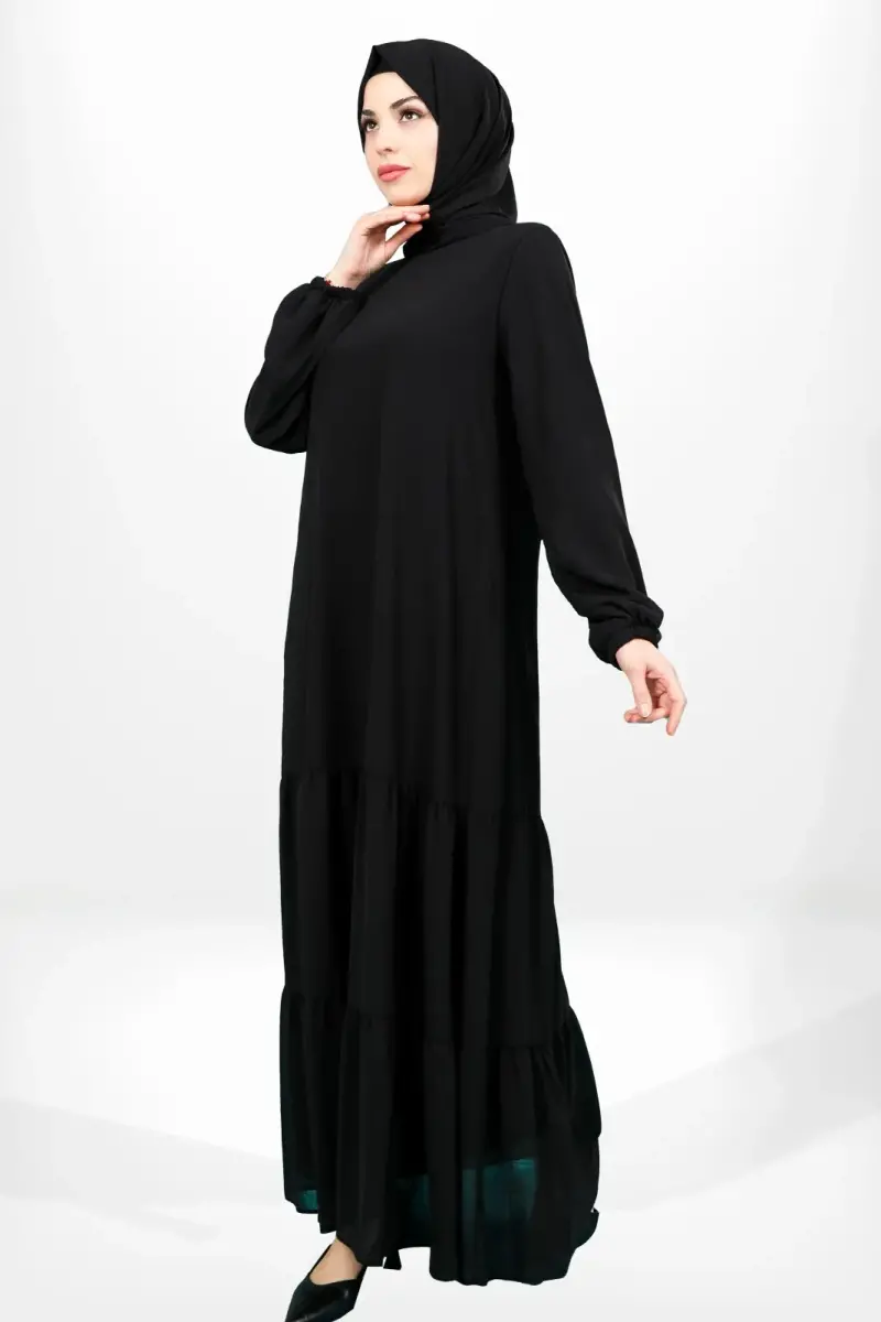 BEYZA 5601-25 SİYAH ETEĞİ FIRFIRLI KOLU LASTİKLİ ELBİSE FERACE - 2