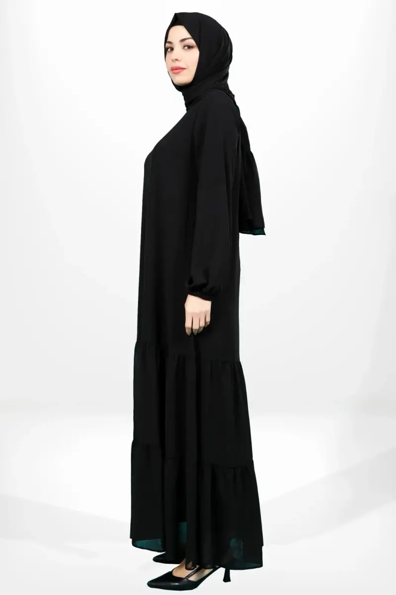 BEYZA 5601-25 SİYAH ETEĞİ FIRFIRLI KOLU LASTİKLİ ELBİSE FERACE - 3