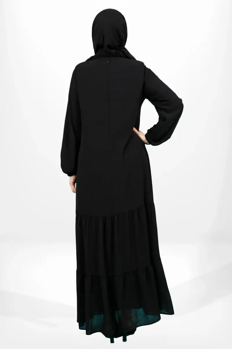 BEYZA 5601-25 SİYAH ETEĞİ FIRFIRLI KOLU LASTİKLİ ELBİSE FERACE - 4