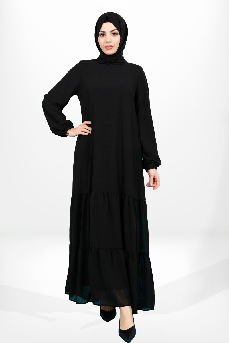 BEYZA 5601-25 SİYAH ETEĞİ FIRFIRLI KOLU LASTİKLİ ELBİSE FERACE - 1