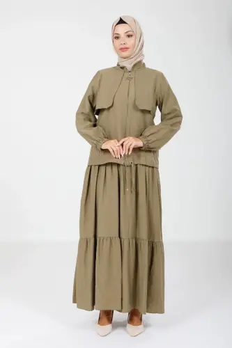 Haki İki Parça Hakim Yaka Kolu Lastikli Ceketli Elbise 9102-25 - 1