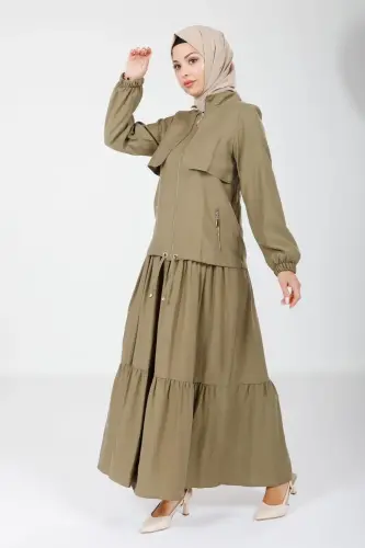 Haki İki Parça Hakim Yaka Kolu Lastikli Ceketli Elbise 9102-25 - Beyza (1)