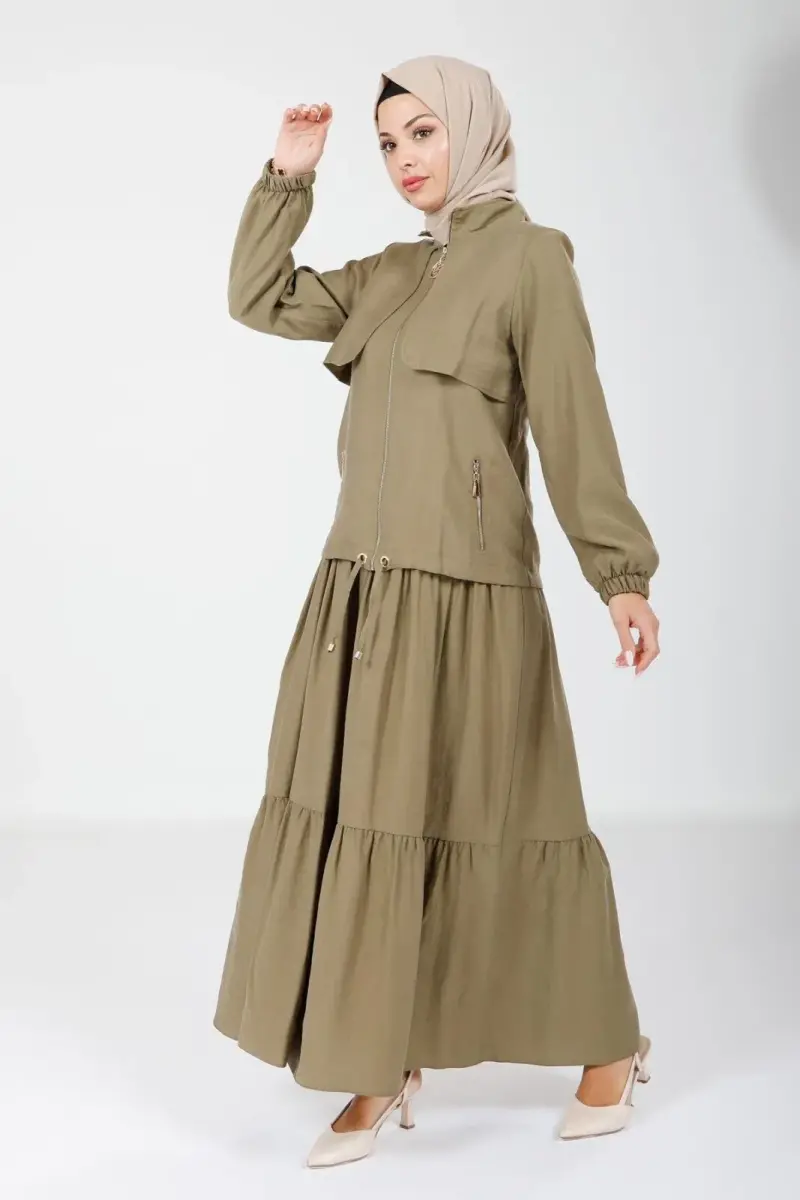 Haki İki Parça Hakim Yaka Kolu Lastikli Ceketli Elbise 9102-25 - 2