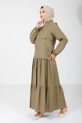 Haki İki Parça Hakim Yaka Kolu Lastikli Ceketli Elbise 9102-25 - 3