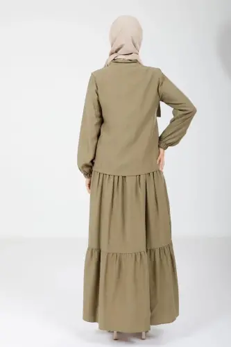 Haki İki Parça Hakim Yaka Kolu Lastikli Ceketli Elbise 9102-25 - 4