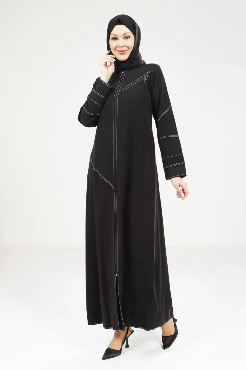 Siyah Tensel Kot Fermuarlı Yuvarlak Yaka Spor Tesettür Ferace 9200-25 - 1