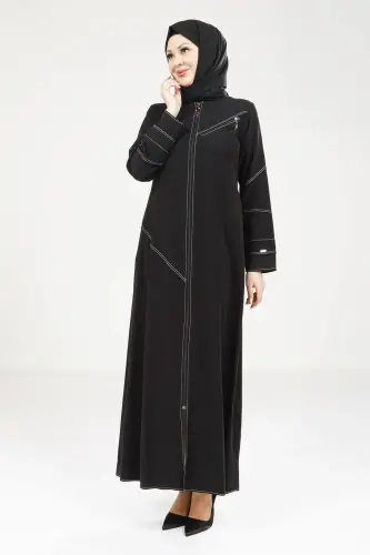 Siyah Tensel Kot Fermuarlı Yuvarlak Yaka Spor Tesettür Ferace 9200-25 - Beyza (1)