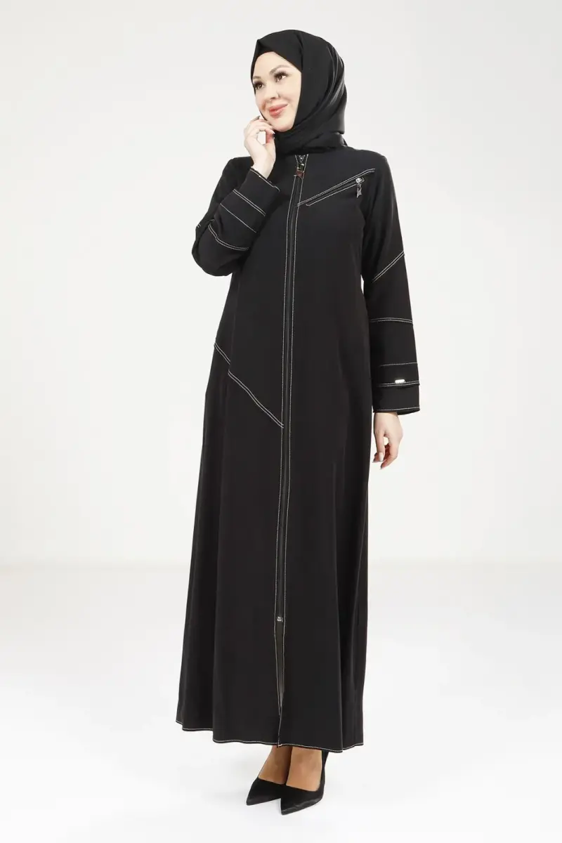 Siyah Tensel Kot Fermuarlı Yuvarlak Yaka Spor Tesettür Ferace 9200-25 - 2