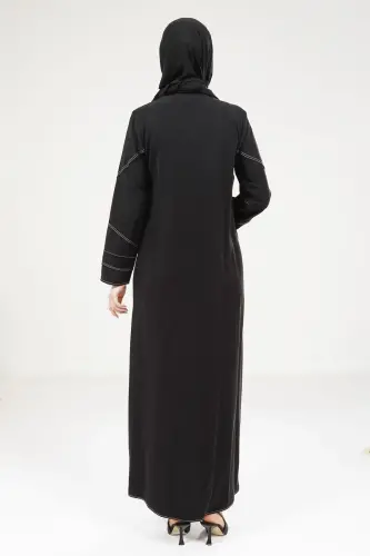 Siyah Tensel Kot Fermuarlı Yuvarlak Yaka Spor Tesettür Ferace 9200-25 - 4