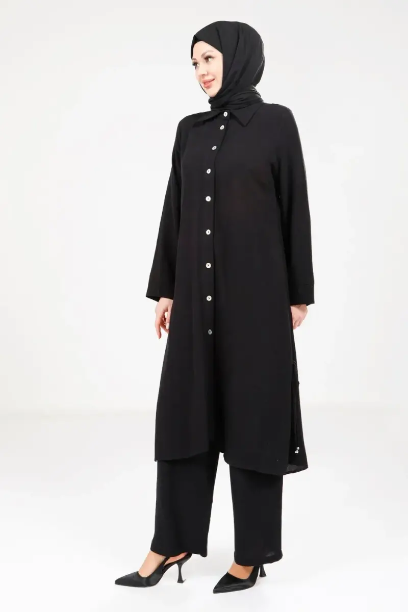 Kadın Düğmeli İkili Hac ve Umre Kıyafeti Siyah 9281-25 - 1