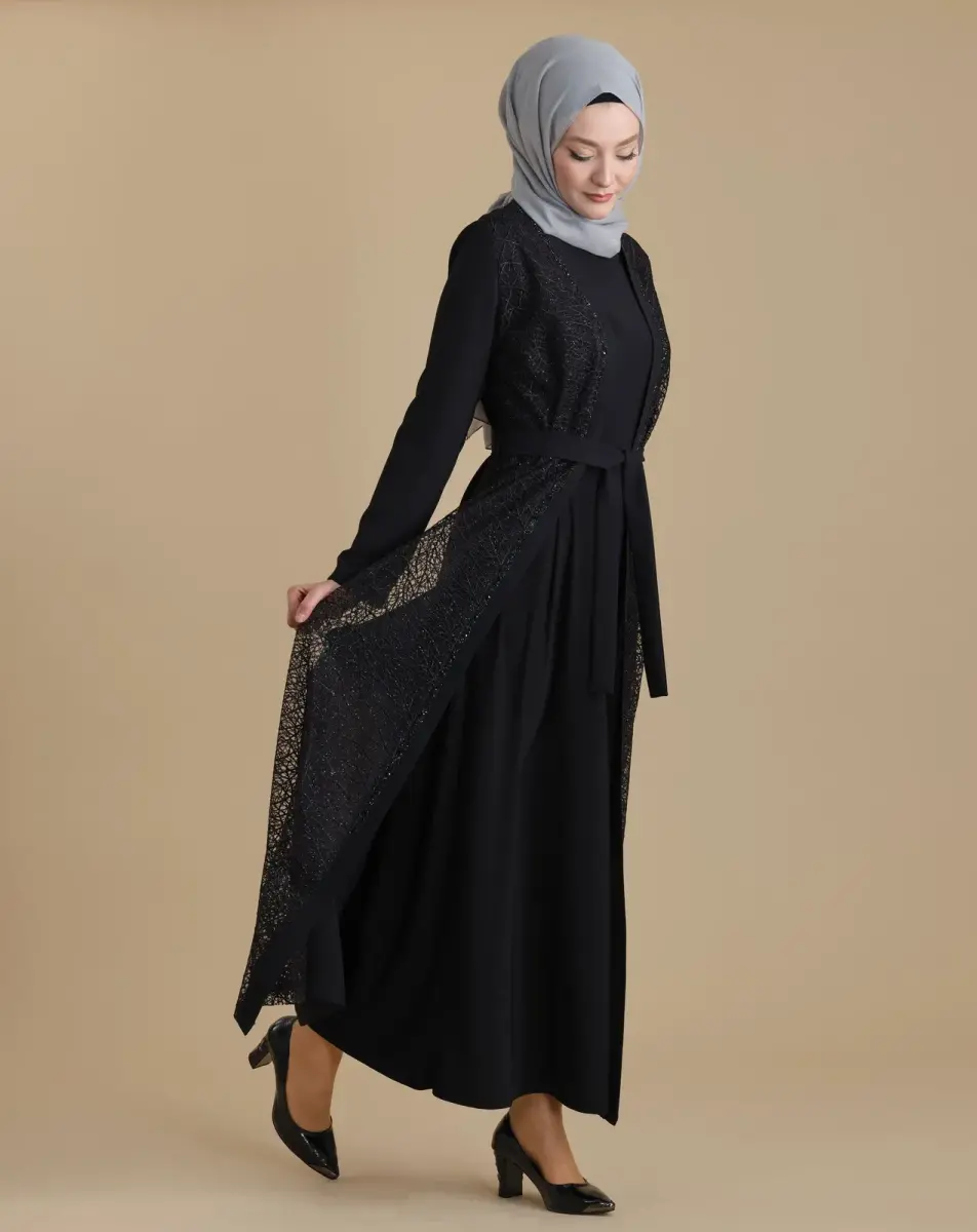 Black Double Abaya Transparent Crystal Stone Belted Hijab Abaya - 1