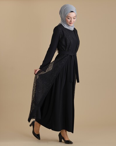 Black Double Abaya Transparent Crystal Stone Belted Hijab Abaya - ihvanonline