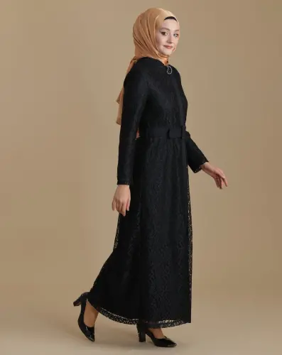 Black Full Lace Zippered Hijab Abaya with Waist Belt - ihvanonline (1)