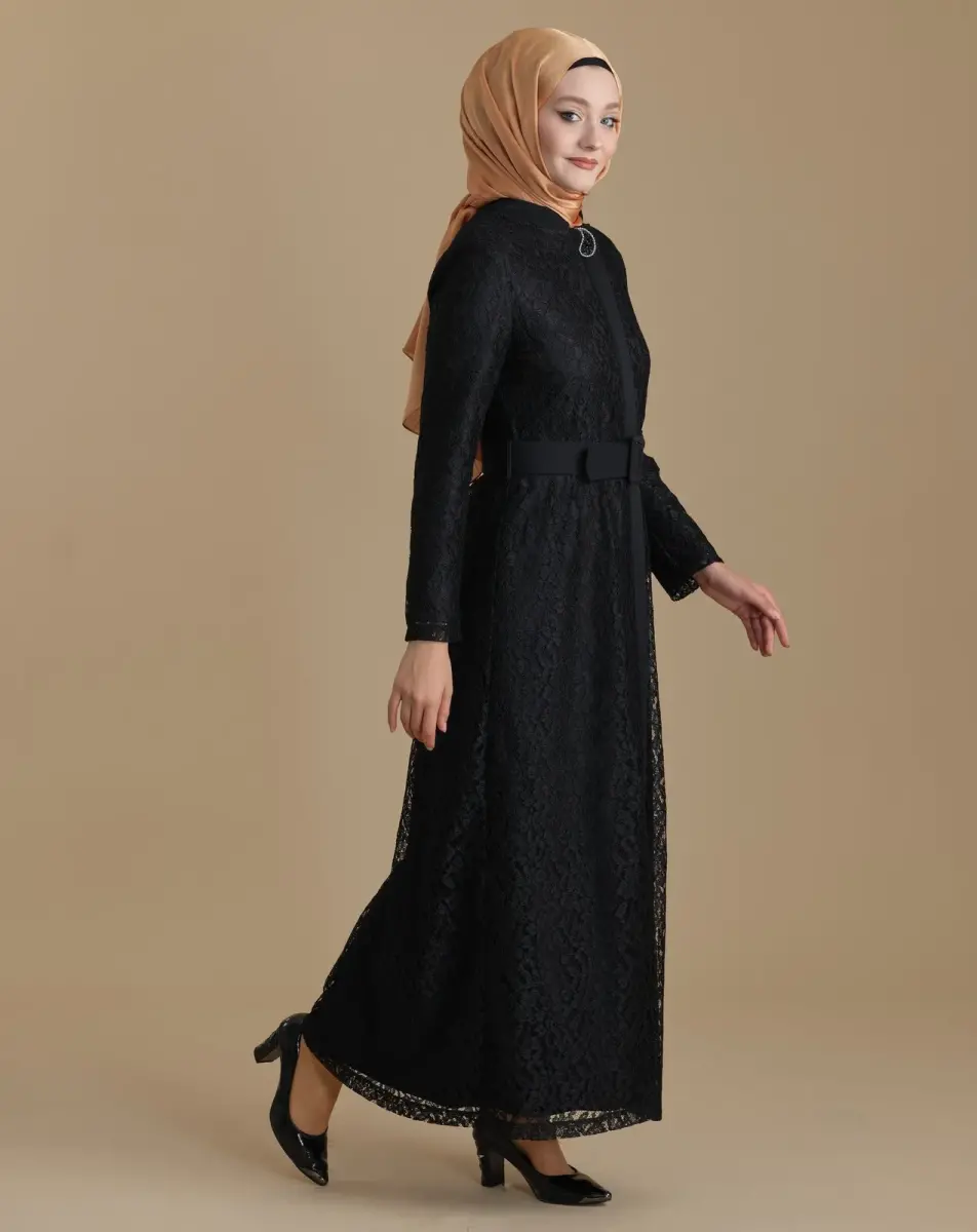 Black Full Lace Zippered Hijab Abaya with Waist Belt - 2