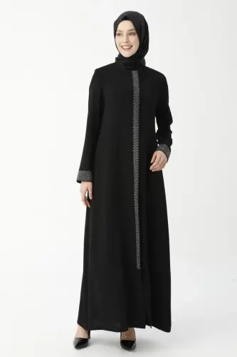 Black Herringbone Stone Embroidered Anne Abaya 9378-22 - 1