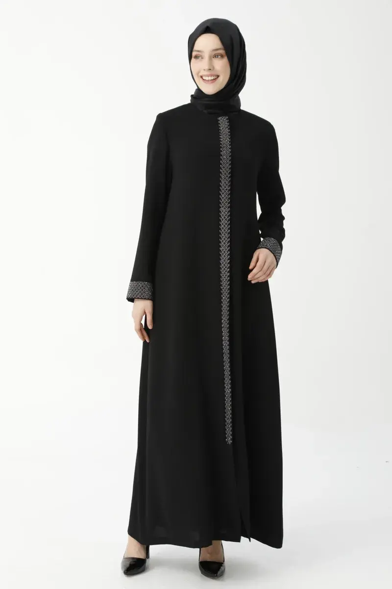 Black Herringbone Stone Embroidered Anne Abaya 9378-22 - 1