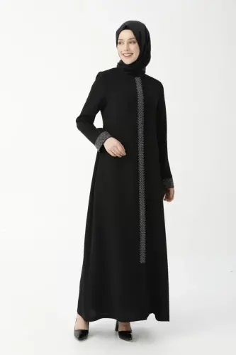 Black Herringbone Stone Embroidered Anne Abaya 9378-22 - Derin Store (1)