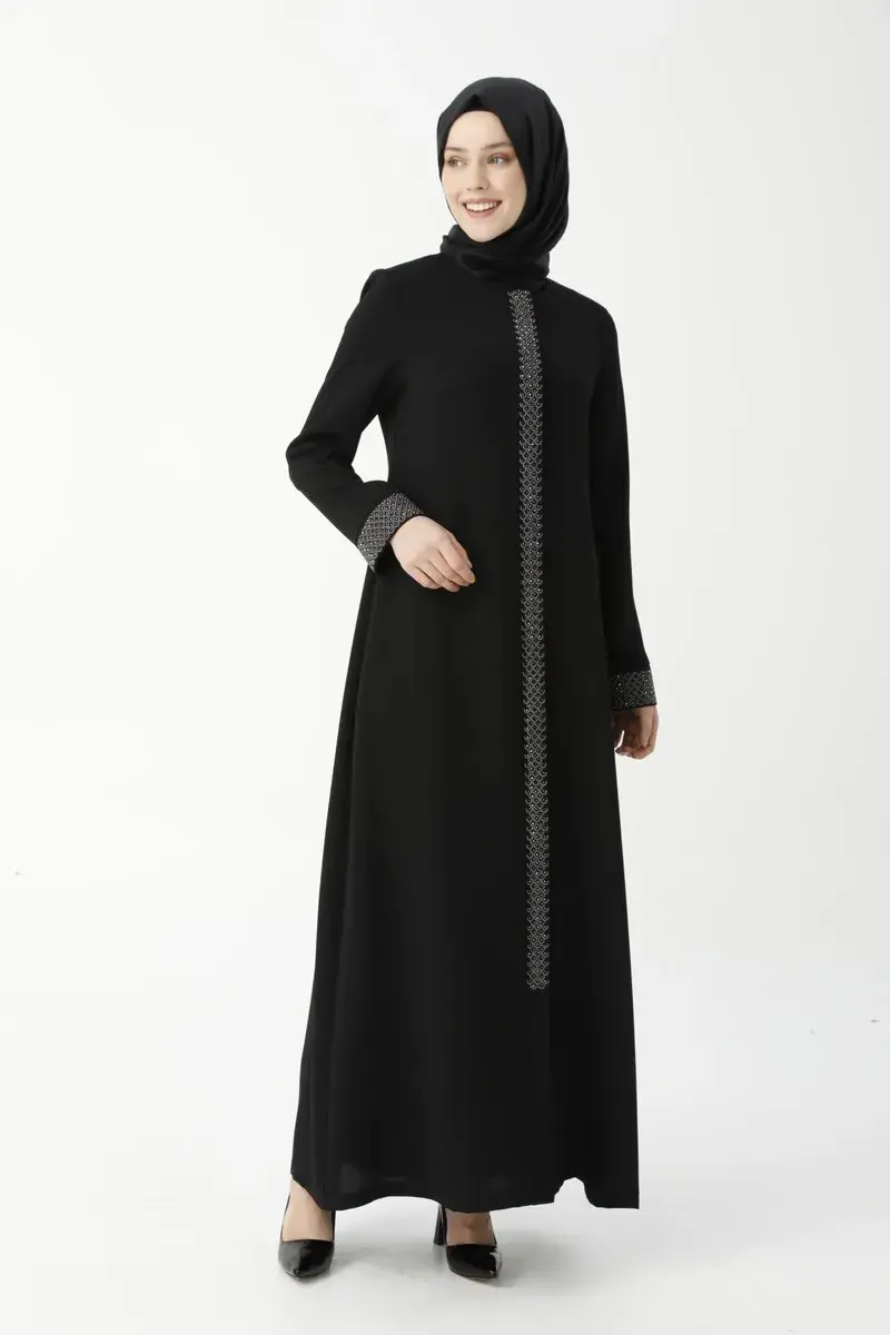 Black Herringbone Stone Embroidered Anne Abaya 9378-22 - 2
