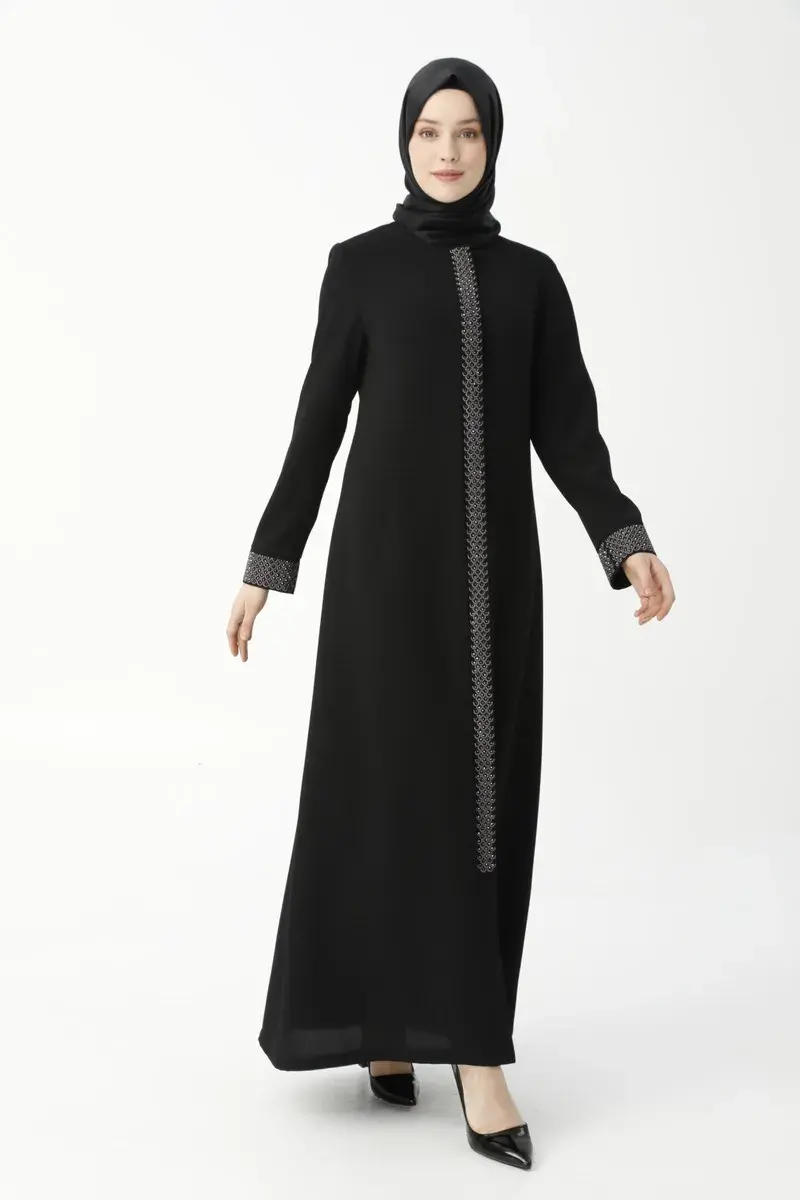Black Herringbone Stone Embroidered Anne Abaya 9378-22 - 3