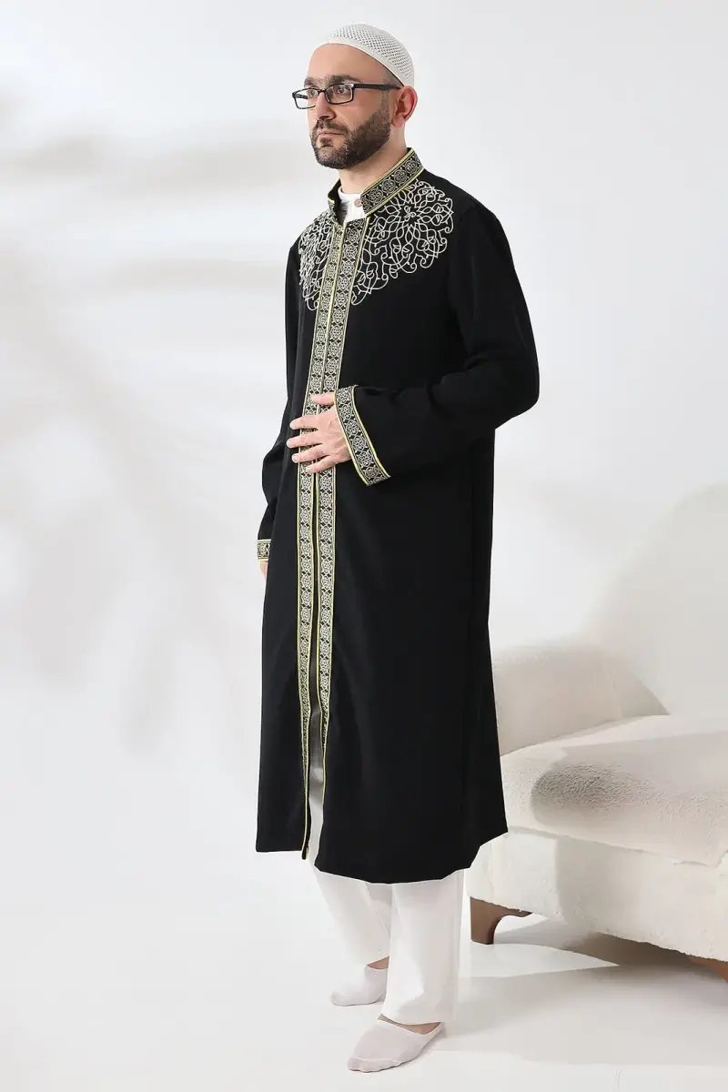 Black Judge Collar Men's Prayer Robe Stripe Embroidery Imam Robe - 7