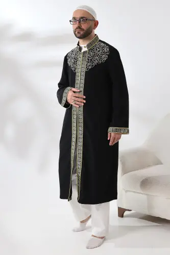 Black Judge Collar Men's Prayer Robe Stripe Embroidery Imam Robe - 4